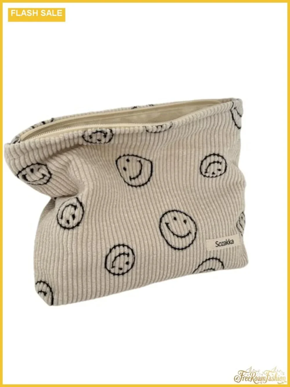 Corduroy Cosmetic Bag with Smiley Dots Design Makeup Storage Travel Pouch Cute